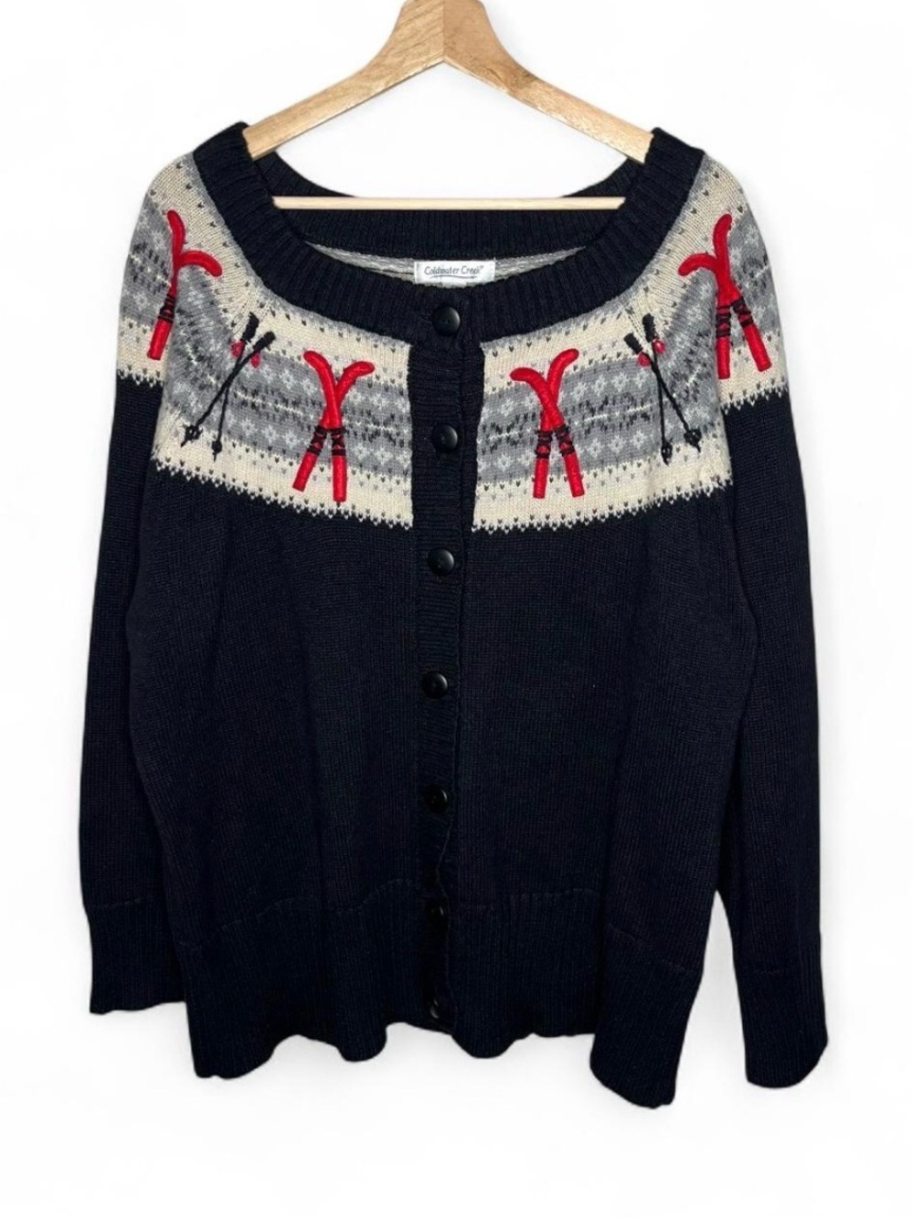 Vintage Coldwater Creek Fair Isle Ski Novelty Print Button Front Cardigan